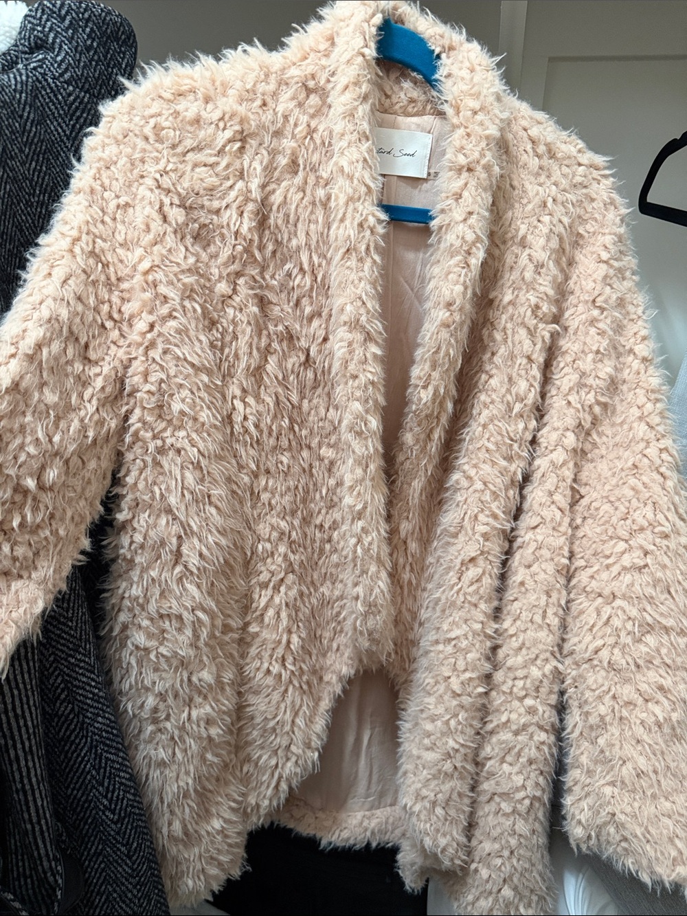 Mustard Seed Beige Faux-Sherpa Coat with Teal Hanger Accent